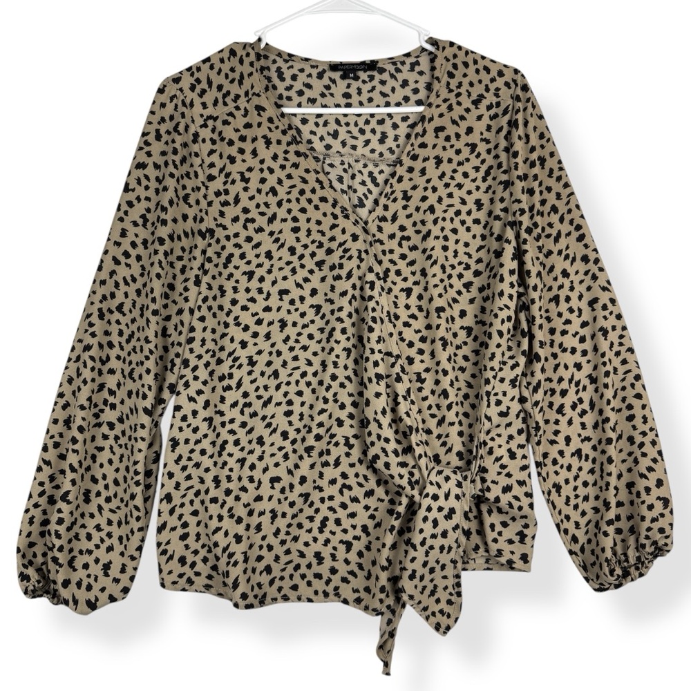 Papermoon Faux Wrap Blouse Womens M Medium Long Sleeve Beige Black Animal Print